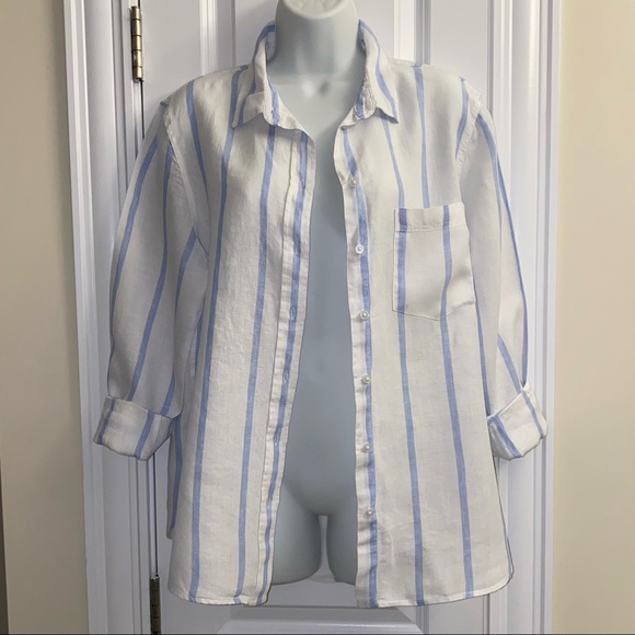 H&M Ladies Linen Blue and White Striped Shirt sz M - Picture 4 of 9